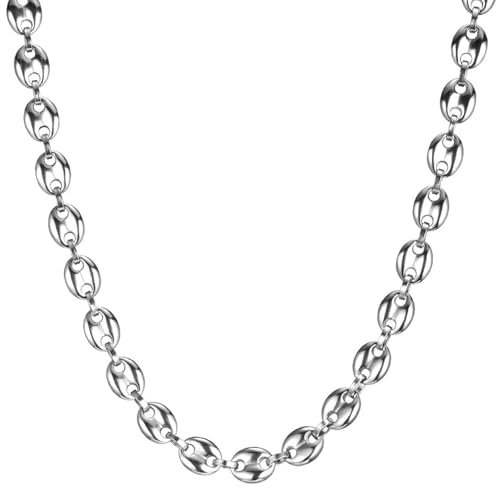 JENCVNL Silber Kaffeebohnen Kette für Herren, 6/7/9/11mm Edelstahl Kaffeebohne Kette Bohnenkette Silberkette Hip-Hop Kette Halskette für Männer Jungen, Länge 46/51/56/61/66cm (Silber-11mm, 66)