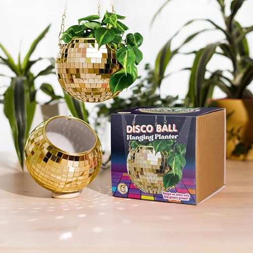 Bubblegum Stuff - Goldener Discokugel-Hängepflanzer – Hängekorb für Zimmerpflanzen, Goldkette und Rand, Kräuterpflanzgefäß, Boho-Dekor – Raumdekoration, 15,2 cm