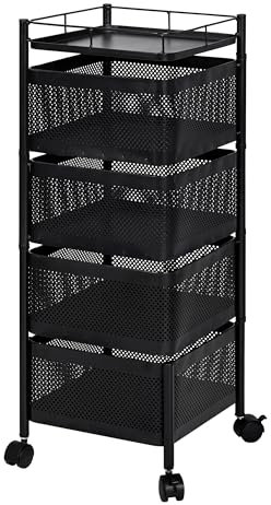 Carro auxiliar metálico con ruedas y cestas plegables ahorra espacio | Carrito cocina verdulero frutero | Estantería organizador de metal gran capacidad y bandeja superior | Estante cocina