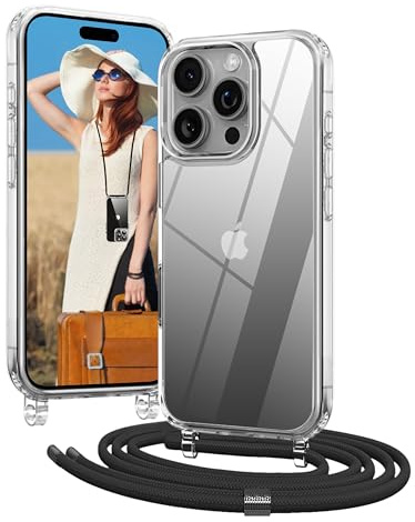OLEPHY Handykette für iPhone 16 Pro Hülle mit Band, Schwarz | Necklace Handyhülle, Transparente Schutzhülle zum Umhängen [Verstellbarem und Demontage Umhängeband],