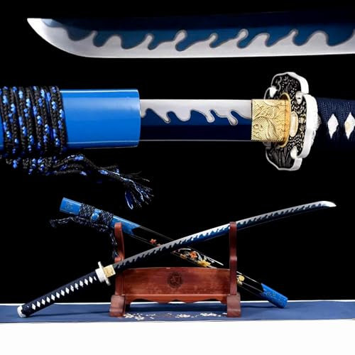103cm handgefertigte Katana,Hochleistungsklinge aus Manganstahl mit gegrillter blauer Handwerkskunst,Scheide aus massivem Holz mit bemaltem Muster,echte Katana für Rollenspiele,Spielen,Kendo-Training