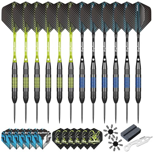 MageRabbit Jeu de Fléchettes Professionnelles à Pointe en Acier, 12 Pièces avec 24 Ailettes et Kit d'Accessoires (Vert et Noir)