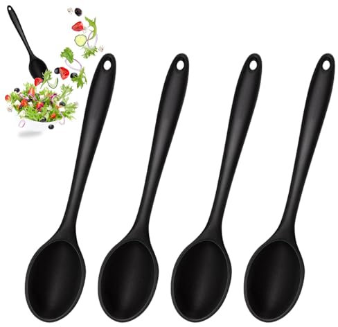 4 Stück Silikon Löffel Kochlöffel, 20.4 cm Silikon Hitzebeständig Langem Griff Küchenlöffel, Anti-Stick SoßenlöFfel, Küche Kochlöffel Schwarz für Küche, Kochen, Backen, Rühren