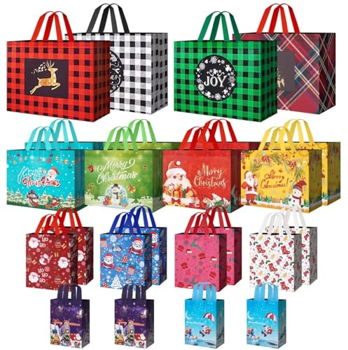 24er Pack Weihnachtstüten verschiedene Größen mit Griff, wiederverwendbar, enthält 4 extra große, 8 große, 8 mittlere, 4 kleine, Vliesstoff-Weihnachtstüten für Geschenke Weihnachtsfeier