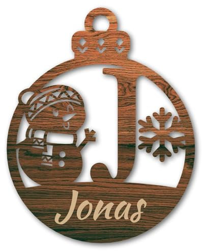 Urhome Weihnachtskugel personalisiert mit Wunschtext Gravur Buchstabe J mit Schneeman Motiv Dunkel Braun - Ornament Christbaumschmuck Weihnachtsdeko Weihnachtsbaum Anhänger aus 6,5mm Holz