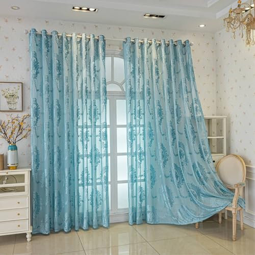 Wycian Fertiggardinen Gardinen Blau Voile 2er Pack mit Floralem Blattrankenmuster H214 x B137 cm (2er Pack) Polyester