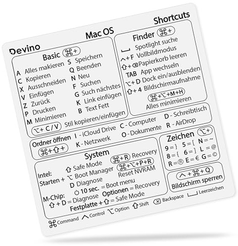 Devino® Shortcuts Aufkleber Mac OS für 13“-16“ MacBook Pro Air M1 M2 / Intel Transparent (Ventura/Monterey/Big Sur/Catalina/Mojave) Sticker Deutsch (2, Transparent Schwarz)