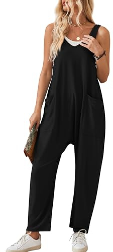Panegy Bib Overalls Women Y2K Summer Loose Cotton Knit Rompers Loose Fit Wide Leg Casual Jumpsuits Pockets Sleeveless Baggy Dungarees Black XXL