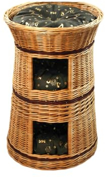 Katzenkorb zum Schlafen – Katzenhütte Indoor – Größe: 50 cm rund – Katzenhöhle aus Weide – Dreistufiges Bett für Hunde oder Katzen – Natürliche Korbfarbe – Kissen Dunkelbraun