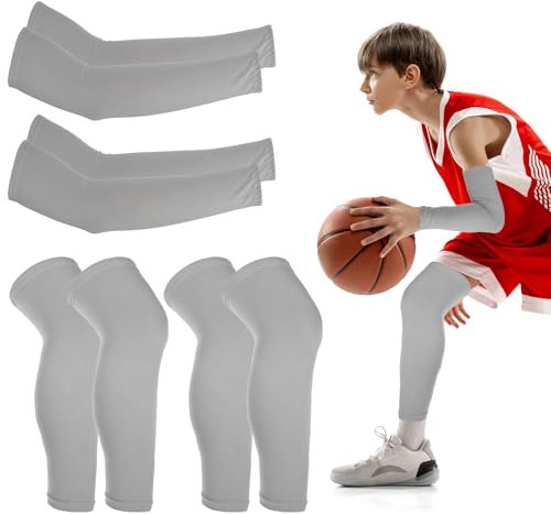 JIEYAO Teenager Sport Armstulpen und Beinärmel Set,Anti-UV Sonnenschutz Armschoner und Lange Kompressions-Beinärmel Unisex Arm Sleeve für Jugend Volleyball Basketball Fußball(Grau)