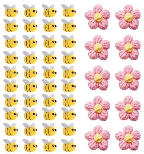 Filz Bienen 40 Stück,Biene Deko,Bienen Deko Niedlich Kommt mit 10 Rosa Puffblumen,Bienendeko für Handwerkliche DIY-Dekoration Kleidungsdekoration