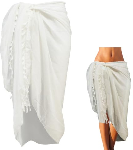 CABODYALS Pareo Playero Largo con Borlas Blancas, Pareo de Malla Transparente, Bufanda Rectangular de Algodón para Verano, Pareo de Bikini, Chal para Mujer, Accesorio para Falda