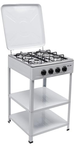 HarBin-Star - Piano cottura a gas a 4 fuochi con supporto antiscivolo, carrello per barbecue con coperchio, fornello a gas indipendente, fornello a gas da campeggio, 49 x 49 x 79 cm (bianco)