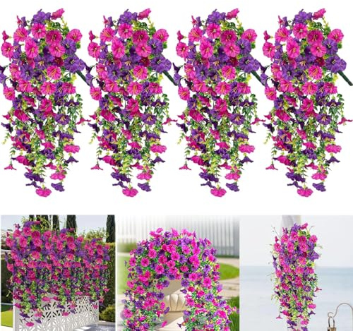 HIKENRI 4PCS Artificial Hanging Flowers Outdoor,Artificial Hanging Plant Morning Glory,UV-Resistant Realistic Trailing Fake Hanging Plants For Home Decoration,Garden,Porch,Wedding,Indoor(Purple Rose)
