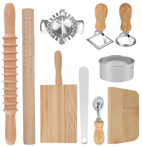 Pasta Making Tool Set, 9 PCS Pasta Making Tools Include Rolling Pin, Ravioli Cutter, Wooden Pasta Cutter, Pasta Roller, Dumpling Mold, Complete Kitchen Pasta Making Accessories