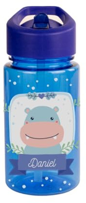 DEREGALOOS Botella Infantil Personalizada 440 ml. Bidón Personalizado Escolar con Nombre, Pajita y Asa. Animales León Conejo Panda Hipopótamo. Regalo Vuelta al Cole Niños Niñas (Azul - Hipo)