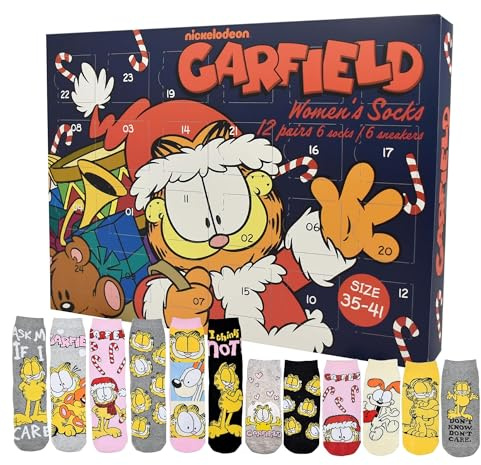 United Labels Garfield Calendario dell'Avvento con 12 paia di calzini da donna, taglia 35-41, calendario con sneakers e calzini lunghi, calendario natalizio regalo