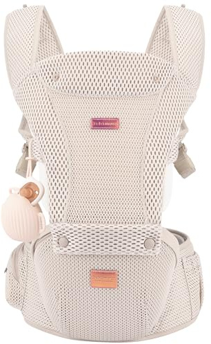 Bebamour Mochila portabebés para recién nacidos y niños pequeños, asiento para la cadera de 0 a 36 meses con capucha, 3 protectores para mordeduras, extensión para la cadera,tejido de malla dorado