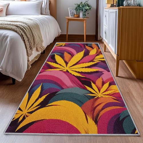 Generisch Läufer Flur Cannabis, Waschbarer Teppich Läufer Hanfblatt Marihuana Bunte 60x120, Küchenteppich, Eingangsbereich, Bettvorleger, Schlafzimmer Deko, rutschfest, Kurzflor a722