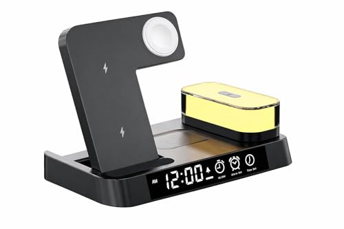 3-in-1 Apple Wireless Charging Station – Foldable Charger Stand with Alarm Clock & LED Night Light for iPhone, Apple Watch & AirPods (Black)