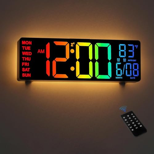 HUO JI 10,5 Digitale Wand- & Tischuhr mit Fernbedienung – RGB Farbwechsel, Automatische Helligkeitsregelung, Nachtlicht, Temperatur & Datum Anzeige, Dual Wecker für Schlafzimmer