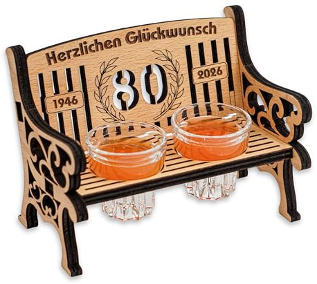 DARO Design Banc à liqueur en bois avec gravure avec 2 verres à liqueur - 80 ans - 16 x 12 cm - Idée cadeau amusante - Cadeau original pour anniversaire, anniversaire d'entreprise, anniversaire de