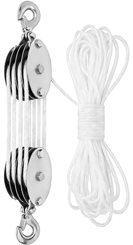 Flaschenzug Schwerlast Seilzug, 400 kg Max. Handseilzug 8:1, bis 2,5 m Hubhöhe, 20m Seil Flaschenzugsystem Handseilwinde mit Umlenkrolle, Arbeitssparender Flaschenzug für Lagerhallen Industrie, Weiß