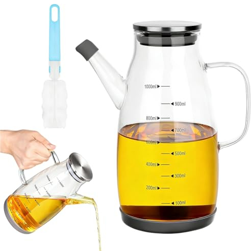 Faryodi oljeflaska glas, 1 l, borosilikatglas oljedispenser med handtag, olje- och vinägerflaska, oljedispenser glas för matlagning, stor läckagesäker för kök, BBQ, bord, camping