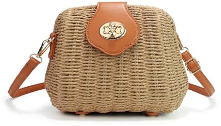 HuiYStar Handgeflochtene Rattantasche für Damen,gewebte Strohtasche,Umhängetasche, Vintage-Korbtasche, Sommer-Strandtasche