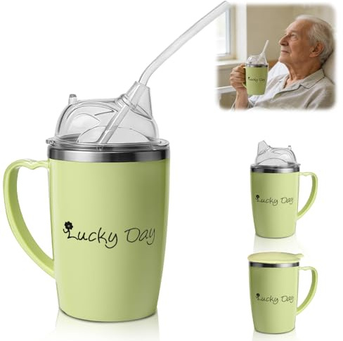 Pengrity 3 in 1 Beakers for Elderly 350ml, Non Spill Cups for Elderly, with 30cm Long Straw, Handle and Leakproof Lid, Adult Sippy Cups for Bedridden Seniors, Dysphagia & Disability Care