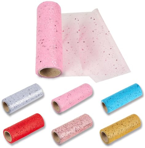 Rebanky 6 Rollen Glitzer Tüllstoff Basteln für Deko, Hochzeit 15 cm x 9 m | Tulle Fabric Glitter für Hochzeit, Party, Tutu, Schultüte, Dekoration und Bastelprojekte