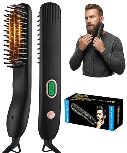 Heated Beard Straightener for Men Travel & Home, 6 Heating Level Up to 230°, HD LCD Display Ergonomic Grip Design Silicone-Like Texture, 6.6FT Corded Beard Comb, for Men Grooming