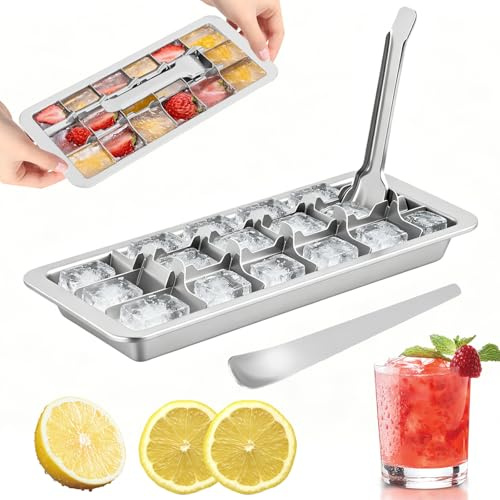 304 Stainless Steel Ice Cube Tray with Release Lever, 18-Cube Metal Ice Mold with Spoon, Easy Release Ice Tray for Freezer, Cocktails, Whiskey, and Homemade Drinks