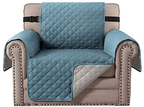 BellaHills Reversible Chair Covers Water Repellent Sofa Cover 1 Seater Sofa Slipcover from Pets Sofa Covers for Cats Checked Pattern Thick Quilted with Elastic Strap (Chair, Smoke Blue/Grey)