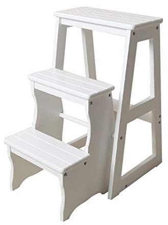 Escaleras Escalerillas Taburete Plegable Escalera de Madera Escalera de Mano de 3 Pasos Plegable y liviano para hogar Biblioteca desván Estantería de Escalera - Capacidad de 150 kg (Blanco)
