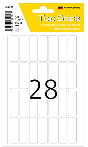 TopStick 2204 Vielzweck-Etiketten, 420 Stück, 13 x 40 mm, 28 pro Bogen, selbstklebend, Haushaltsetiketten zum Beschriften, matt, blanko Papier Klebeetiketten Aufkleber, weiß