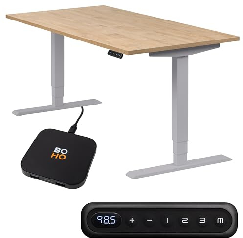boho office® höhenverstellbarer Schreibtisch 120 x 80 cm - Elektrisch stufenlos, 2 Motoren, 3-Fach Teleskop, Memoryfunktion, inkl. Wireless Charger - Homedesk Silber inkl. Tischplatte in Wildeiche