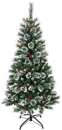 COSTWAY Albero di Natale Innevato 150/180/210/240 cm, Albero di Natale Artificiale con Rami, Bacche Rosse e Base di Metallo, Decorazione Natalizia per Casa, Negozio e Ufficio (150 CM)