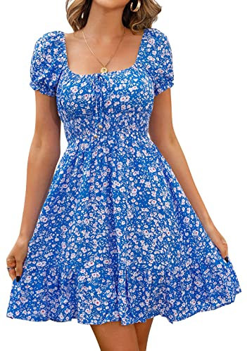 Livonmone Womens Summer Casual Sweetheart Neckline Puff Sleeve Floral Print High Waist Dress Boho Beach Mini Short Dresses (Blue, S)
