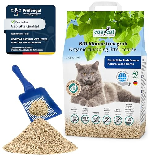 COSYCAT Klumpendes Katzenstreu Bio aus Holz, 100% Natürlich, [grob], [1x10l], in der Toilette entsorgbar, Klumpstreu pflanzlich, staubfrei ohne Duft