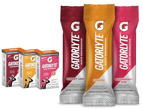 Gatorlyte Rapid Rehydration Electrolyte Beverage, Variety Pack, Lower Sugar, Specialized Blend of 5 Electrolytes, No Artificial Sweeteners or Flavors, 18 pack, 1 pack mixes with 16.9oz (500ml) water