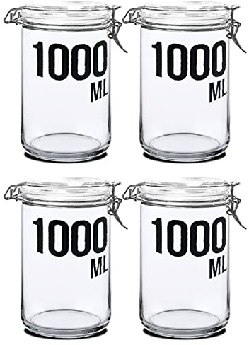 JUANIO Juego de 4 Tarros Herméticos con Tapa abatible, Recipiente hermético transparente, Tarro de almacenamiento de alimentos de vidrio, capacidad 1000 ml - Diámetro 10 x Altura 20 cm