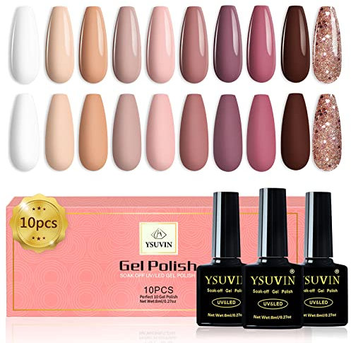 YSUVIN UV Nagellack, 10 Farben Rosa Nude Weiß Champagner Braun Glitter Gold Nagellack Set Soak-off UV Gel Nagellack für Frauen Home DIY Nail Art Salon, 8ML