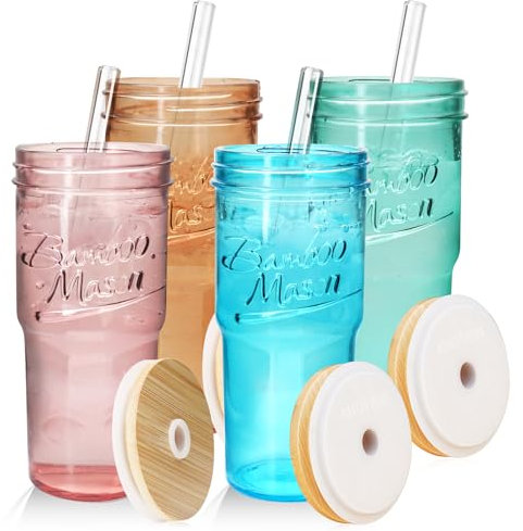 ANOTION Tasses en verre coloré avec couvercles et pailles – Tasse à café de voyage de 710 ml à large ouverture – Tasse à café glacé – Tasse à smoothie – Tasse à thé en verre transparent mignon –
