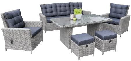 BELLAVISTA Garten Sitzgruppe Asti - Grau, Polyrattan, für 7 Personen, Sicherheitsglas, Wetterfest, Gartenmöbel-Set 6 teilig mit Sofa, Tisch, 2 Sessel, 2 Hocker