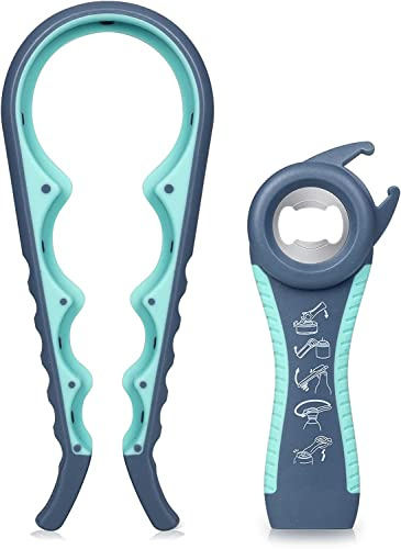 MAEXUS Flaschenöffner, Dosenöffner mit Verschluss, 5-in-1 Deckelöffner Schraubgläser & 4-in-1Glasöffner Schraubdeckelöffner, Drehverschlussöffner Hilfe Schwache Hände Arthritis (2 Stück, Blau)