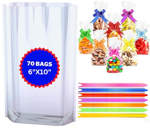 Maara Cellophane Bags, Pack of 70 (6X10/15X25cm) Clear Cellophane Sweet Bags, Food Safe Cookie Bags With Pull Bows, Plastic Gift Bags For Sweets, Flat Bottom Clear Party Treat Bags