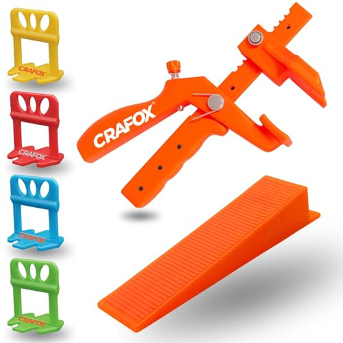 CRAFOX Fliesen Nivelliersystem 2mm Set – 250 Zuglaschen + 100 Fliesenkeile + 1 Nivellierzange – Perfekte Fugen ohne Versatz – Profi Verlegehilfe