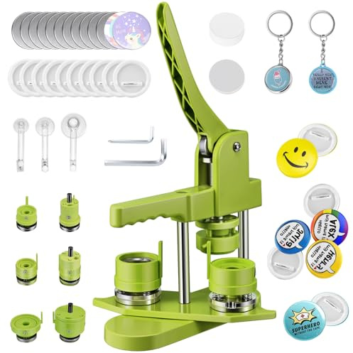 Buttonmaschine Button Maker 25+32+58 mm 300 Sets Kunststoff-Abzeichen-Nadelrücken Zimiking mit 10 Flaschenöffner, 10 Schlüsselanhänger-Sets, Formen & Rundpapierschneider (Grün)