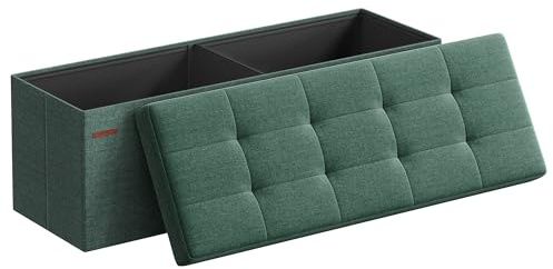 SONGMICS Sitzhocker mit Stauraum, klappbare Sitzbank, 38 x 110 x 38 cm Fußbank, Aufbewahrungsbox, bis 300 kg belastbar, für Wohnzimmer Schlafzimmer Flur, vintagegrün LSF077C01